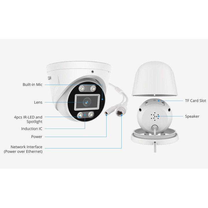 Foscam T8EP - Telecamera PoE da esterno, 8.0 Megapixel, WDR, 108°, Visione notturna a colori + IR, Audio, Sirena