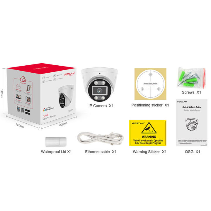 Foscam T8EP - Telecamera PoE da esterno, 8.0 Megapixel, WDR, 108°, Visione notturna a colori + IR, Audio, Sirena