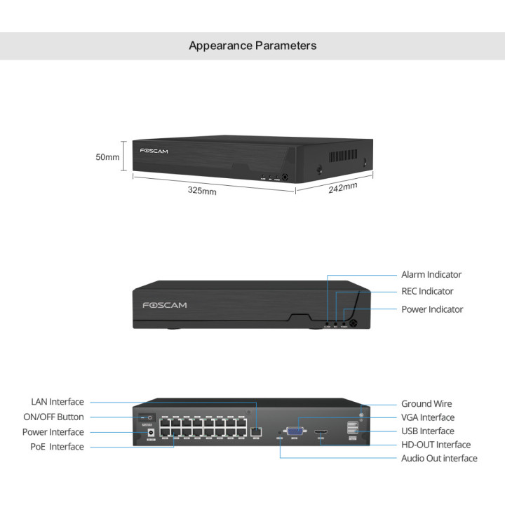Foscam FNA216HE - Registratore NVR 16 canali con PoE Switch integrato, 4K 8.0 Megapixel, H.264+, 2x HDD fino a 16 TB, ONVIF, P2P