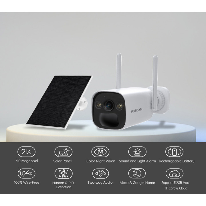 Foscam BP4 - Telecamera Wi-Fi a batteria con pannello solare, 4.0 Megapixel, 104°, Audio, PIR, Visione notturna a colori, Sirena