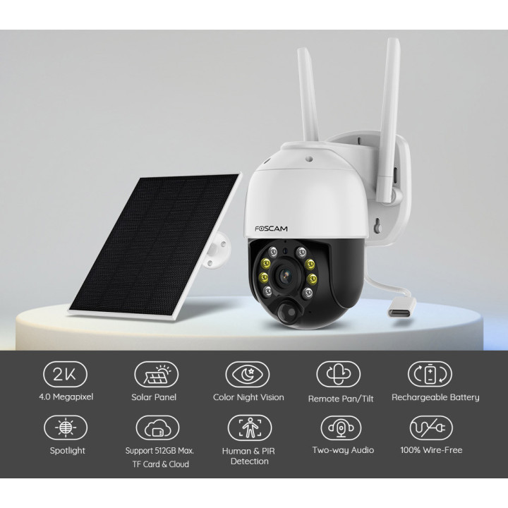Foscam B4 - Telecamera Wi-Fi motorizzata a batteria, pannello solare, 4 Megapixel, Audio, PIR, Visione notturna a colori, Sirena