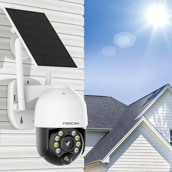 Foscam B4 - Telecamera Wi-Fi motorizzata a batteria, pannello solare, 4 Megapixel, Audio, PIR, Visione notturna a colori, Sirena